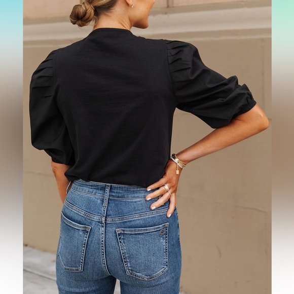 The Drop Women's Black Combined Fabric Pleated Puff-Sleeve Top sz S - Picture 4 of 9